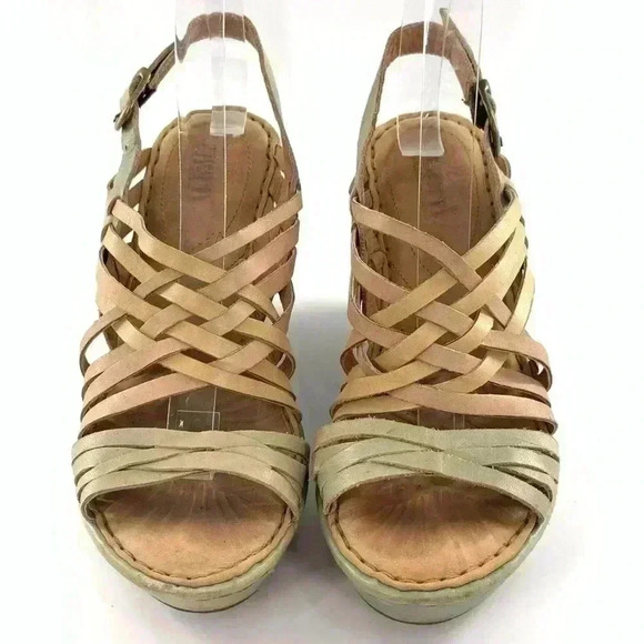 Born womens sandals size 8 green tan leather platform wedges - Picture 2 of 15